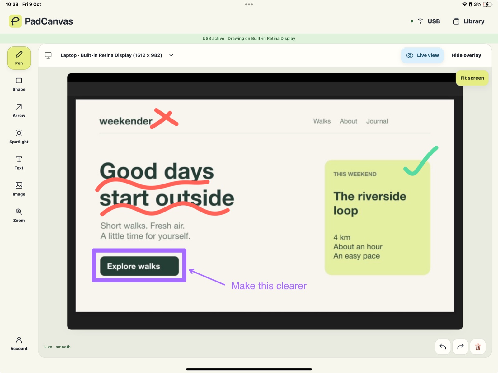 PadCanvas companion on an iPad over USB, showing a website on the Mac with a purple box around a button, an arrow, the note “Make this clearer” and red underlines.