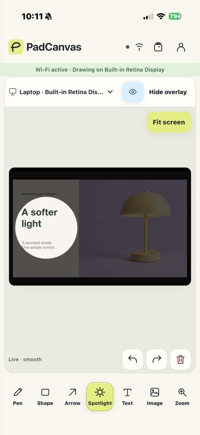 PadCanvas companion on an iPhone with the Spotlight tool selected, dimming a slide except a circle around the headline “A softer light”.