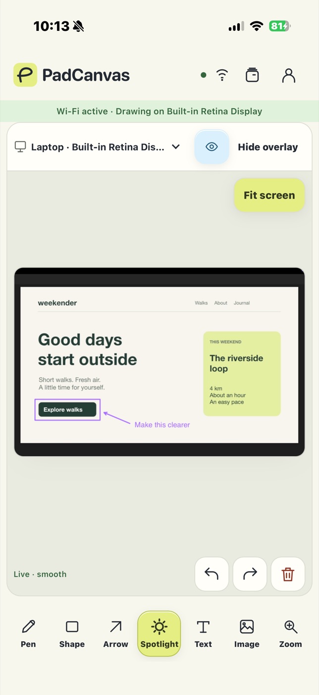 PadCanvas companion on an iPhone showing a website with a purple box around the “Explore walks” button and the text “Make this clearer”.